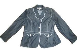 Ben Marc International Vintage Y2K Black Denim Blazer Women's Size 16 White Trim